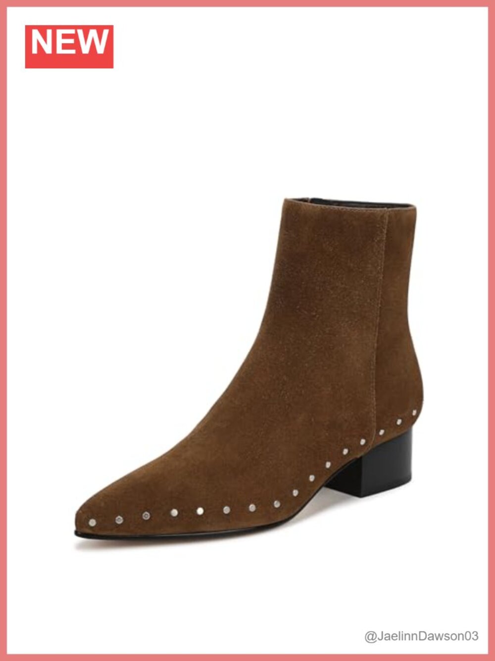 Leather Suede Pointed Toe Studded Ankle Bootie Block Heel Zip Casual
